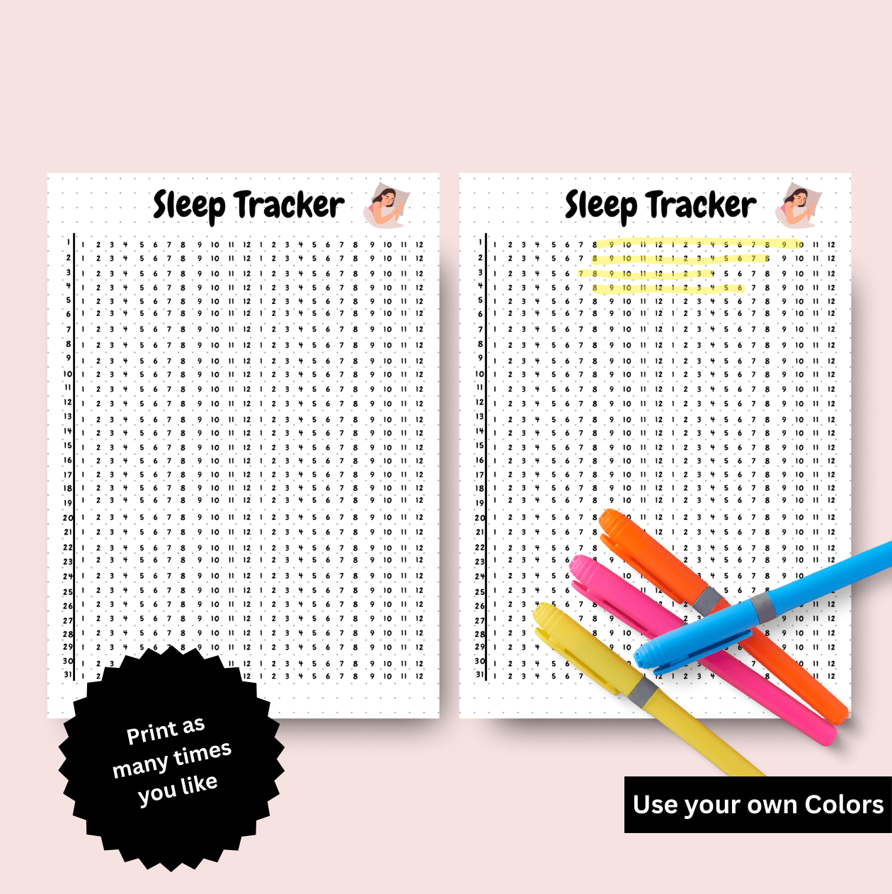 Two printable sleep tracker sheets with daily log grids, customizable entries.  health journaling.